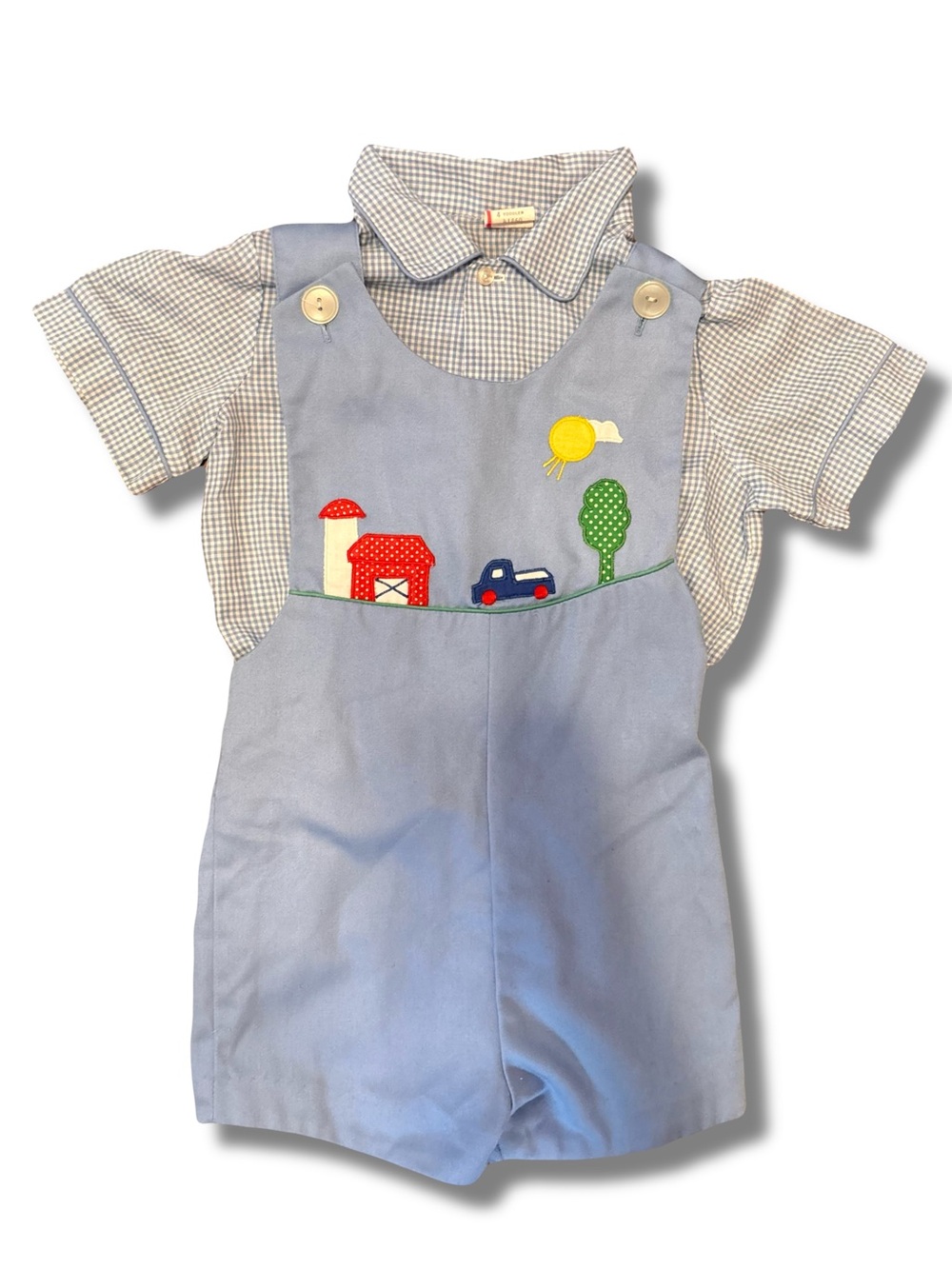Vintage Boys 4T Farmer 2 Piece Romper Overalls 1980s Blue Gingham Shorts